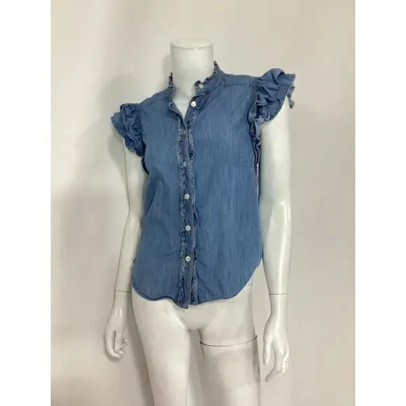 Veronica Beard 'Tenille' Blue Ruffled-Sleeve Shirt Size XS - Picture 2 of 4